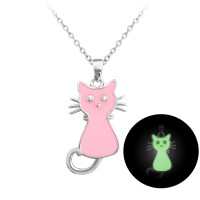 Svítící růžový stříbrný náhrdelník MINET KOČIČKA