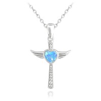 MINET Stříbrný náhrdelník ANDĚLSKÝ KŘÍŽEK s modrým opálovým srdíčkem