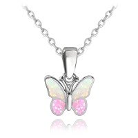 MINET Třpytivý stříbrný náhrdelník MOTÝLEK s růžovým opálem
