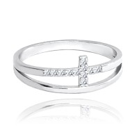 MINET Dvojitý stříbrný prsten KŘÍŽEK s bílými zirkony vel. 60