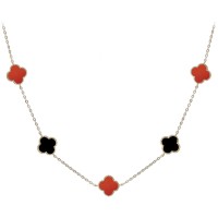 MINET Pozlacený stříbrný náhrdelník ČTYŘLÍSTKY s červeným achátem a onyxem Ag 925/1000 11,75g