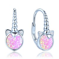 MINET Dětské stříbrné náušnice jednorožci s růžovými opály a bílými zirkony