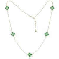 MINET Pozlacený stříbrný náhrdelník čtyřlístky s malachitem