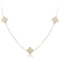 MINET Pozlacený stříbrný náhrdelník čtyřlístky s bílými zirkony