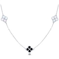 MINET Stříbrný náhrdelník čtyřlístky s bílou a černou perletí