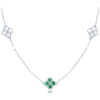 MINET Stříbrný náhrdelník čtyřlístky s bílou perletí a malachitem