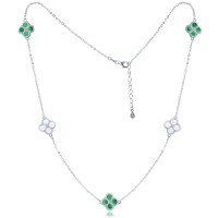 MINET Stříbrný náhrdelník čtyřlístky s bílou perletí a malachitem