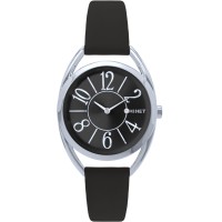 MINET Černo-stříbrné dámské hodinky s čísly ICON BLACK s černým koženým řemínkem