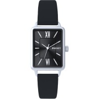 MINET Stříbrno-černé dámské hodinky SIENA s černým koženým řemínkem