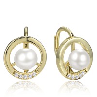 MINET Elegantní pozlacené stříbrné náušnice kroužky s perlou a zirkony