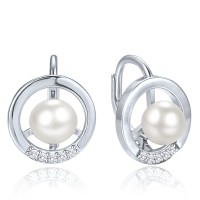 MINET Elegantní stříbrné náušnice kroužky s perlou a zirkony